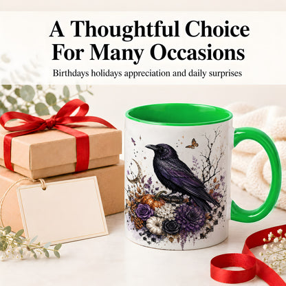 #pl[11oz|Green] Raven Moon Ceramic Coffee Cup, Mug with Purple Pumpkin Artwork
