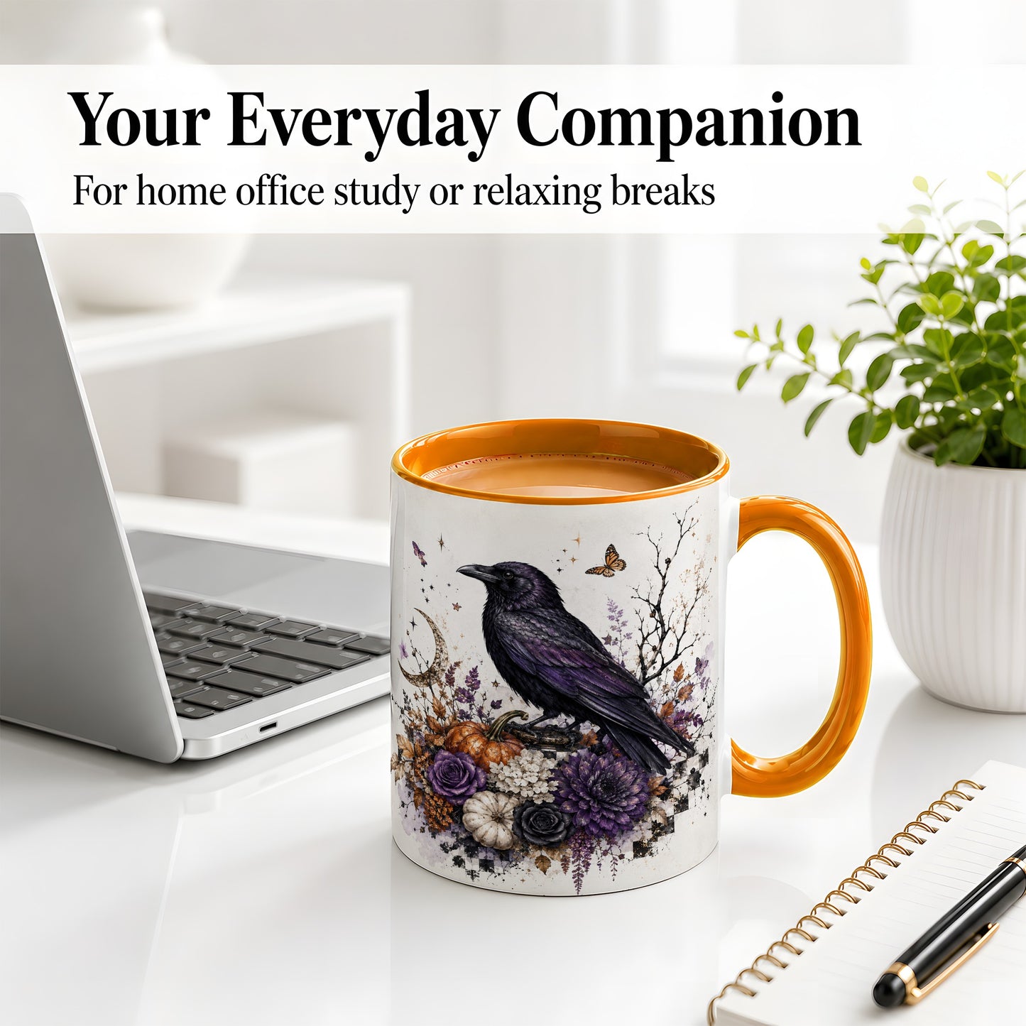 #pl[11oz|Orange] Raven Moon Ceramic Coffee Cup, Mug with Purple Pumpkin Artwork