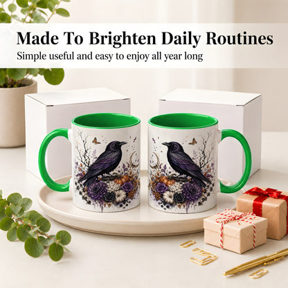 #pl[11oz|Green] Raven Moon Ceramic Coffee Cup, Mug with Purple Pumpkin Artwork