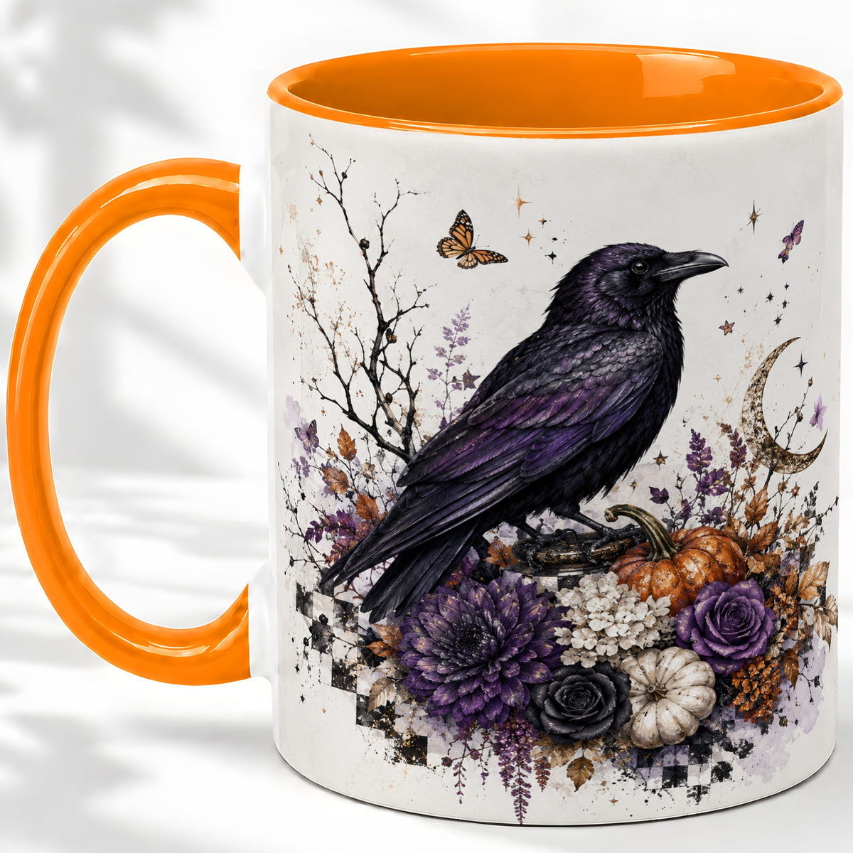 #pl[11oz|Orange] Raven Moon Ceramic Coffee Cup, Mug with Purple Pumpkin Artwork