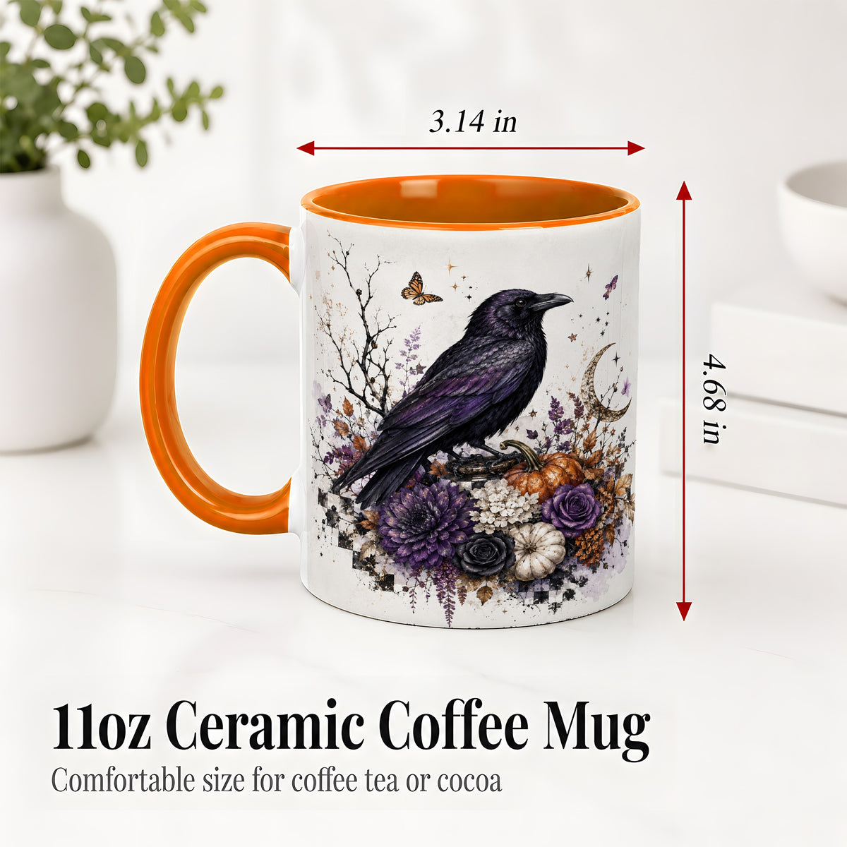 #pl[11oz|Orange] Raven Moon Ceramic Coffee Cup, Mug with Purple Pumpkin Artwork