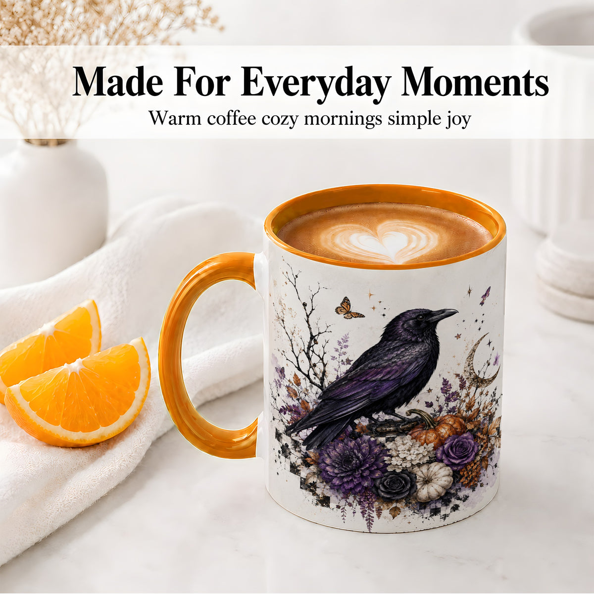 #pl[11oz|Orange] Raven Moon Ceramic Coffee Cup, Mug with Purple Pumpkin Artwork