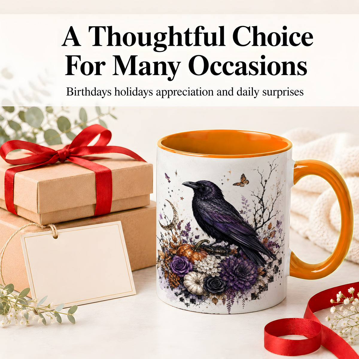 #pl[11oz|Orange] Raven Moon Ceramic Coffee Cup, Mug with Purple Pumpkin Artwork