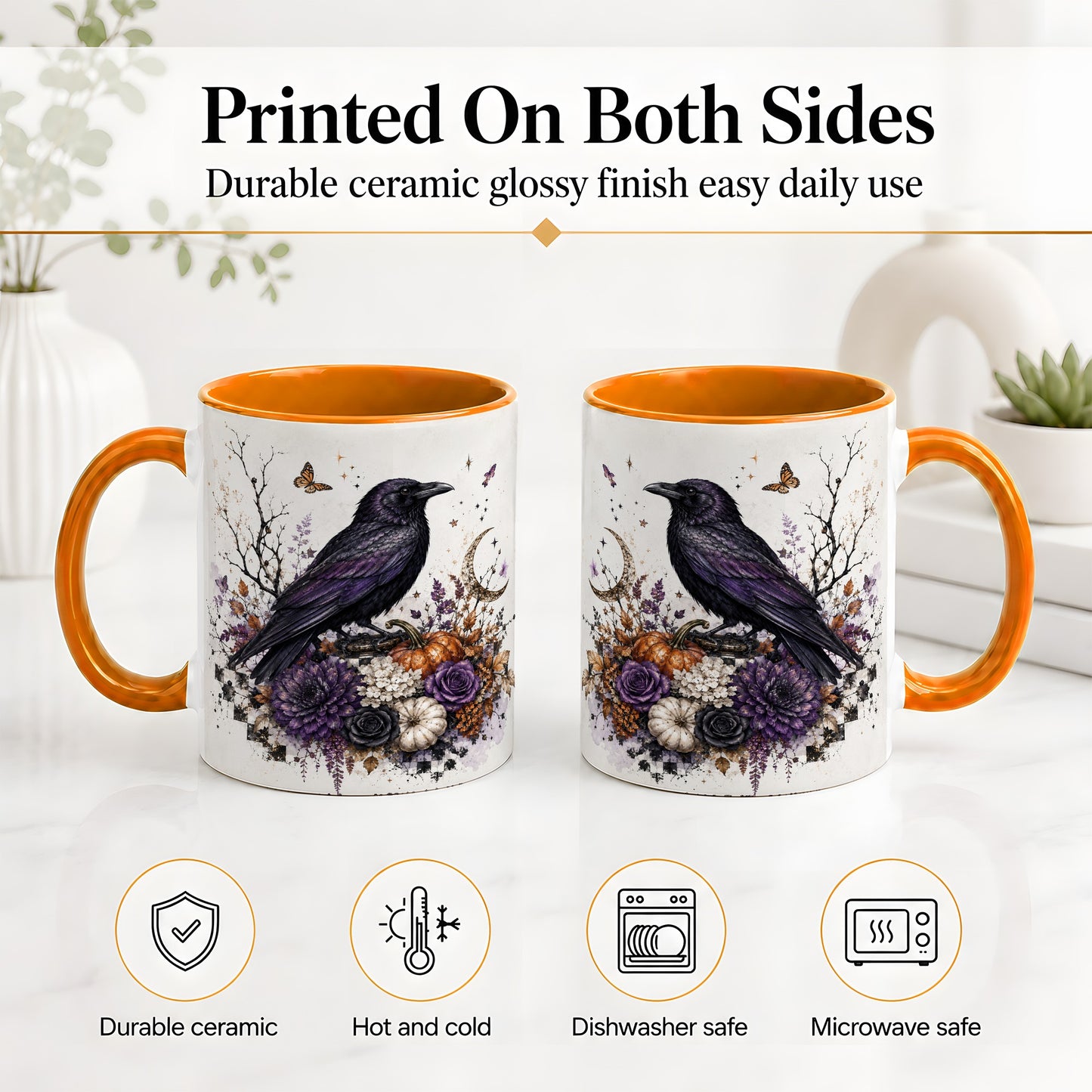 #pl[11oz|Orange] Raven Moon Ceramic Coffee Cup, Mug with Purple Pumpkin Artwork