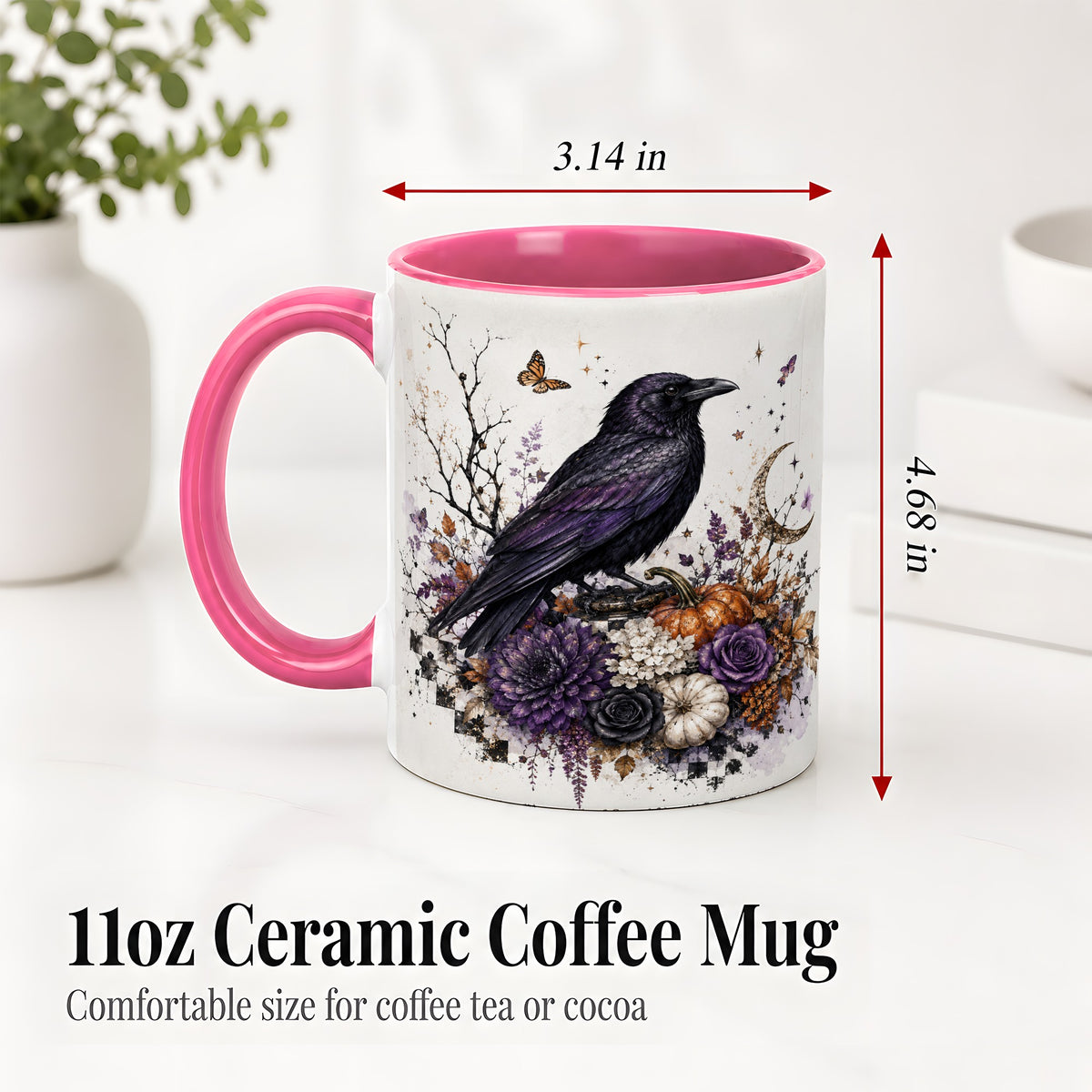 #pl[11oz|Pink] Raven Moon Ceramic Coffee Cup, Mug with Purple Pumpkin Artwork