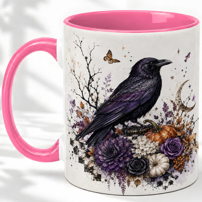 #pl[11oz|Pink] Raven Moon Ceramic Coffee Cup, Mug with Purple Pumpkin Artwork