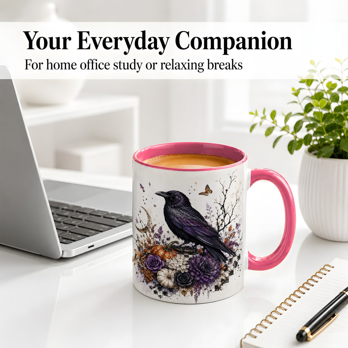 #pl[11oz|Pink] Raven Moon Ceramic Coffee Cup, Mug with Purple Pumpkin Artwork