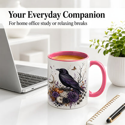 #pl[11oz|Pink] Raven Moon Ceramic Coffee Cup, Mug with Purple Pumpkin Artwork