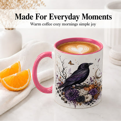 #pl[11oz|Pink] Raven Moon Ceramic Coffee Cup, Mug with Purple Pumpkin Artwork