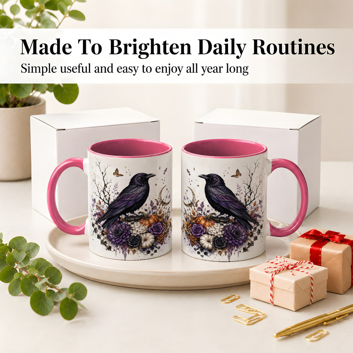 #pl[11oz|Pink] Raven Moon Ceramic Coffee Cup, Mug with Purple Pumpkin Artwork