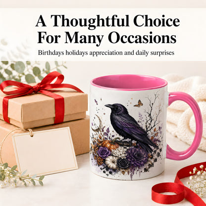 #pl[11oz|Pink] Raven Moon Ceramic Coffee Cup, Mug with Purple Pumpkin Artwork