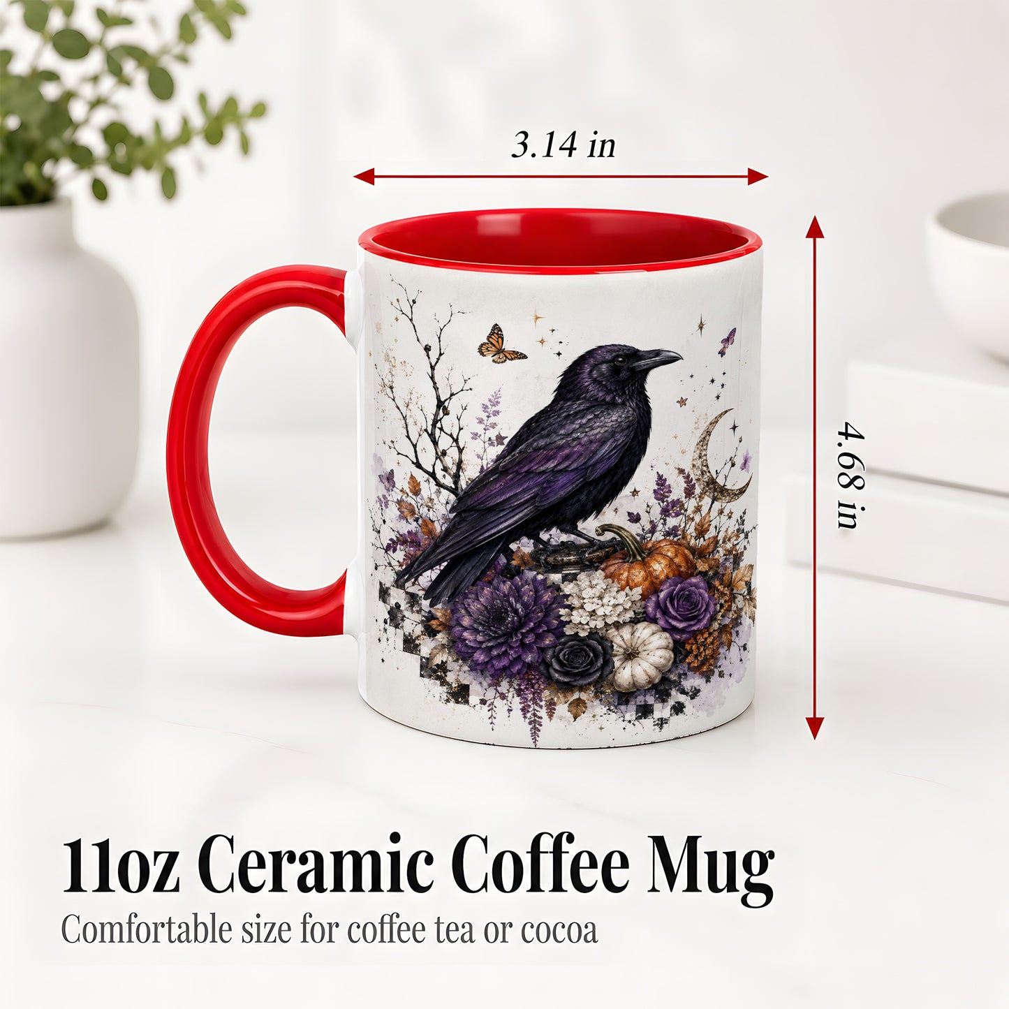 #pl[11oz|Red] Raven Moon Ceramic Coffee Cup, Mug with Purple Pumpkin Artwork