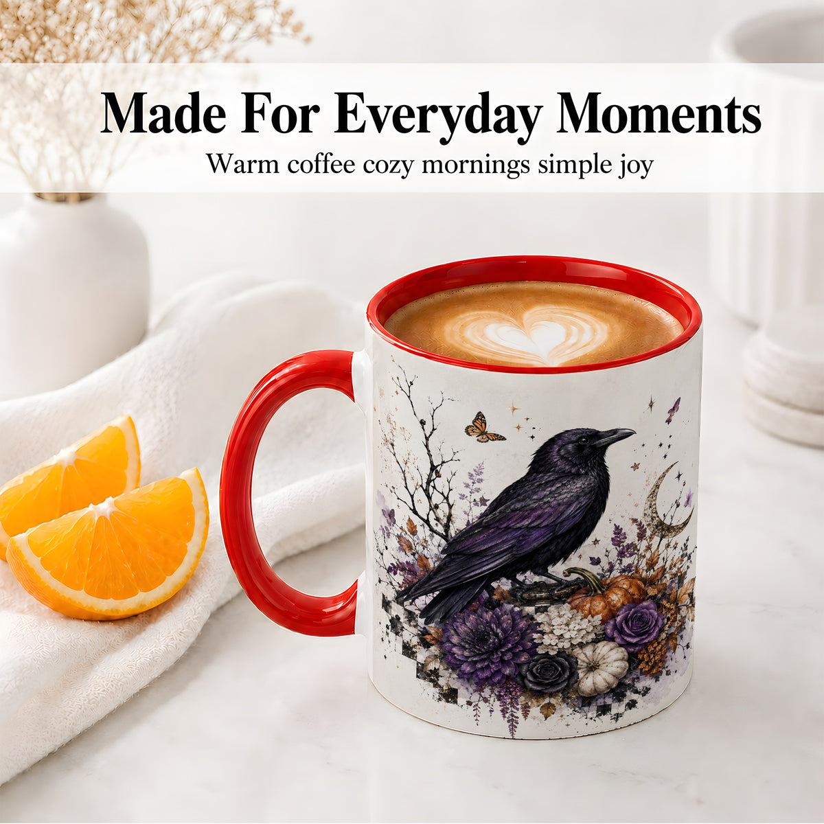 #pl[11oz|Red] Raven Moon Ceramic Coffee Cup, Mug with Purple Pumpkin Artwork