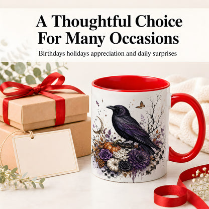 #pl[11oz|Red] Raven Moon Ceramic Coffee Cup, Mug with Purple Pumpkin Artwork