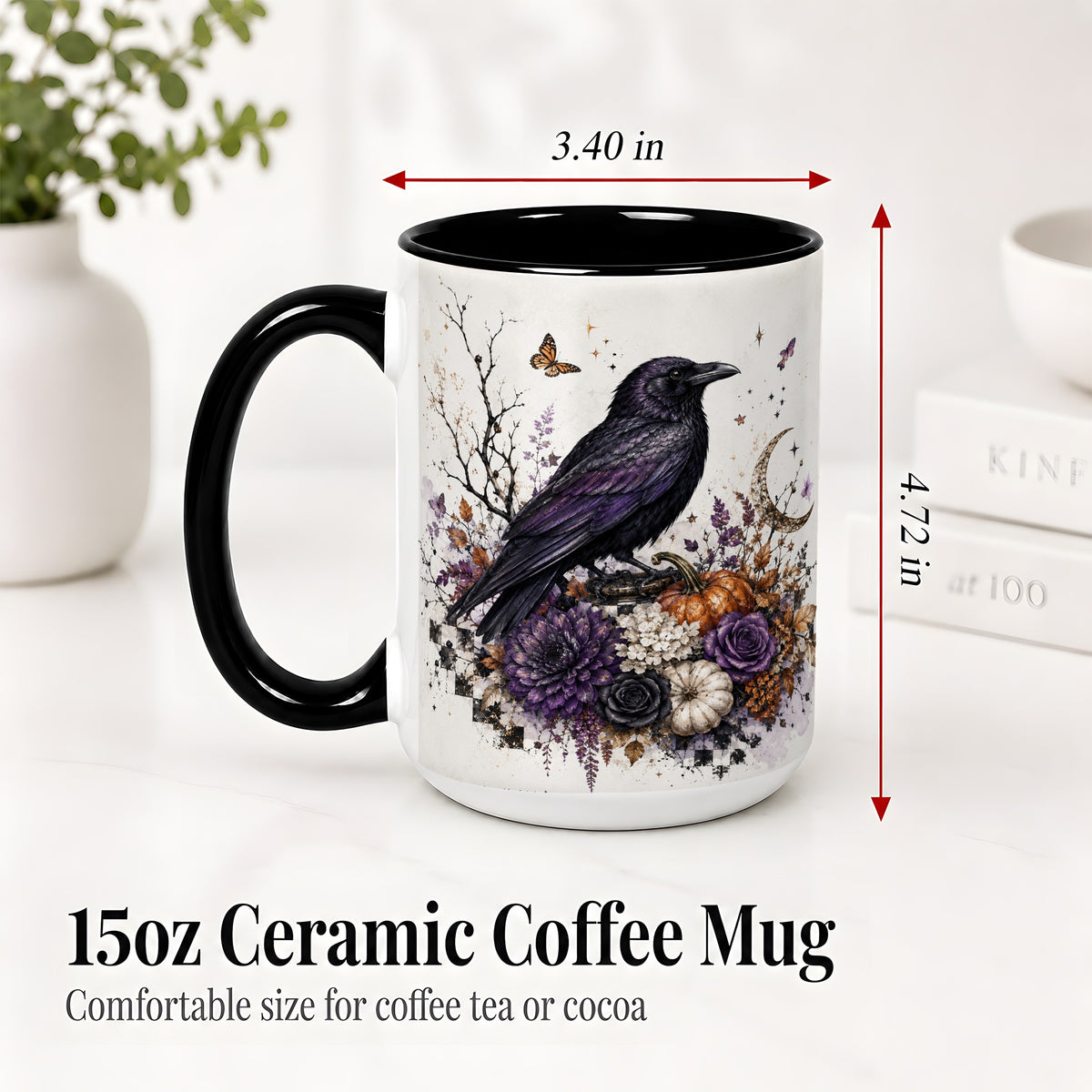 #pl[15oz|Black] Raven Moon Ceramic Coffee Cup, Mug with Purple Pumpkin Artwork
