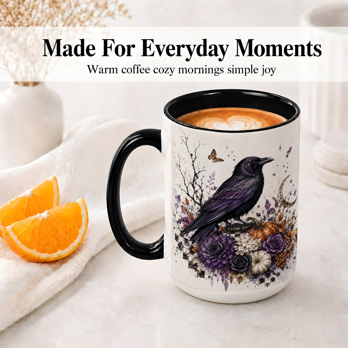 #pl[15oz|Black] Raven Moon Ceramic Coffee Cup, Mug with Purple Pumpkin Artwork