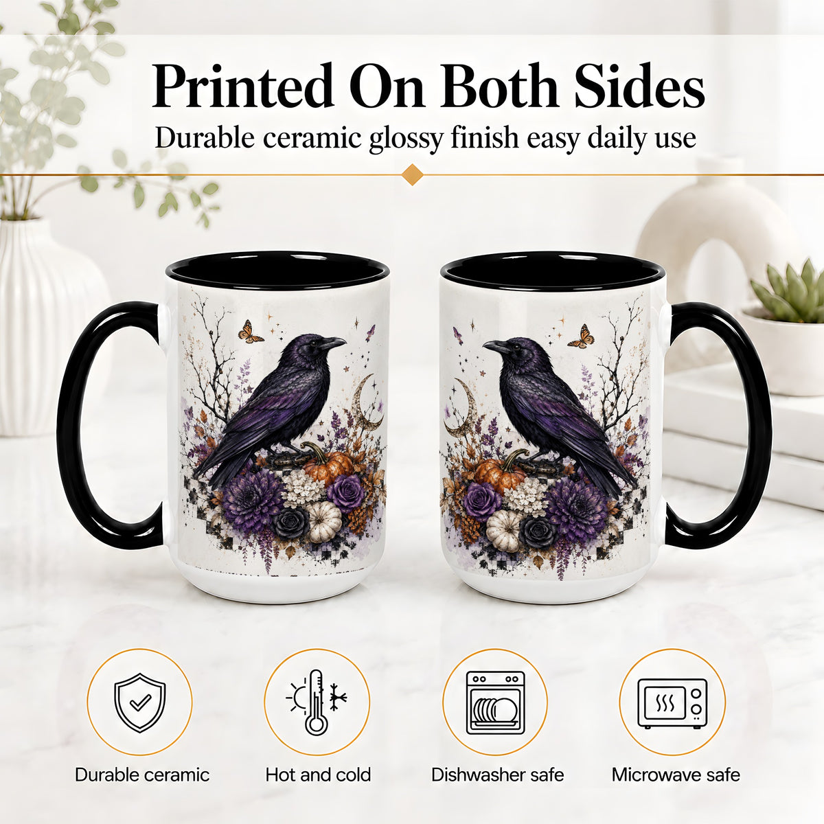 #pl[15oz|Black] Raven Moon Ceramic Coffee Cup, Mug with Purple Pumpkin Artwork