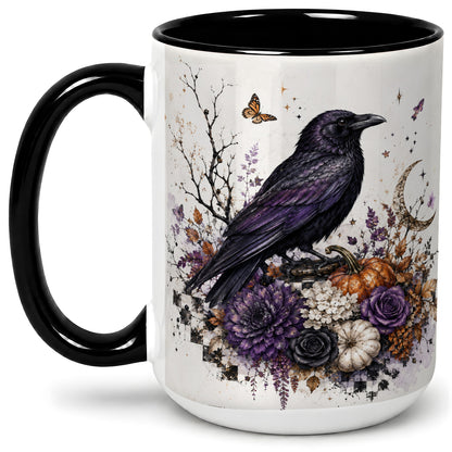 #pl[15oz|Black] Raven Moon Ceramic Coffee Cup, Mug with Purple Pumpkin Artwork