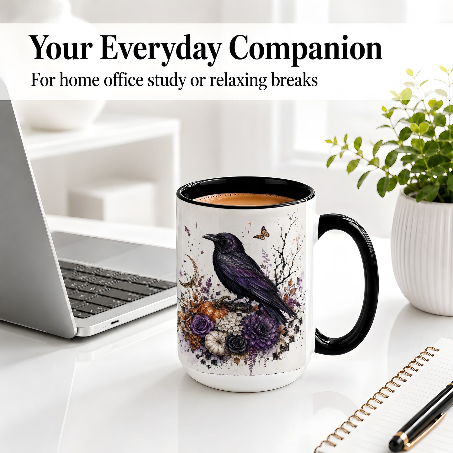 #pl[15oz|Black] Raven Moon Ceramic Coffee Cup, Mug with Purple Pumpkin Artwork