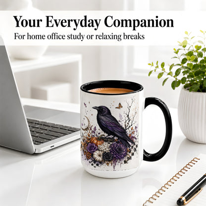 #pl[15oz|Black] Raven Moon Ceramic Coffee Cup, Mug with Purple Pumpkin Artwork