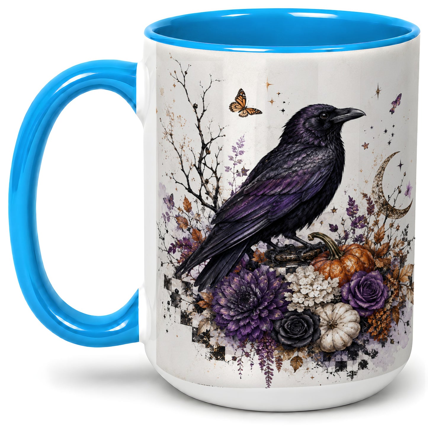 #pl[15oz|Blue] Raven Moon Ceramic Coffee Cup, Mug with Purple Pumpkin Artwork