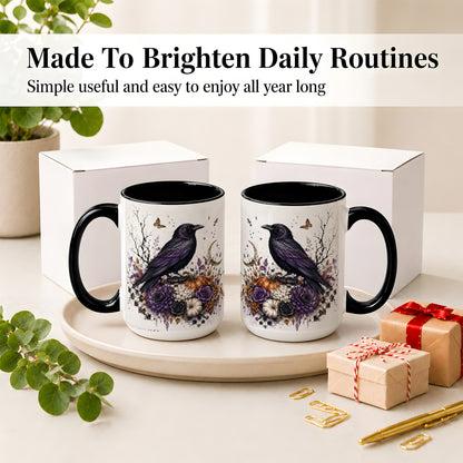 #pl[15oz|Black] Raven Moon Ceramic Coffee Cup, Mug with Purple Pumpkin Artwork