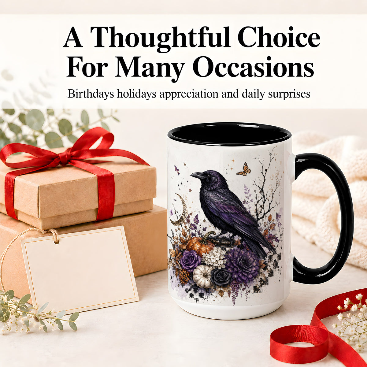 #pl[15oz|Black] Raven Moon Ceramic Coffee Cup, Mug with Purple Pumpkin Artwork