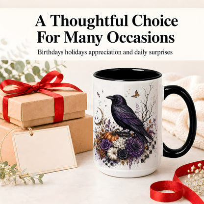 #pl[15oz|Black] Raven Moon Ceramic Coffee Cup, Mug with Purple Pumpkin Artwork