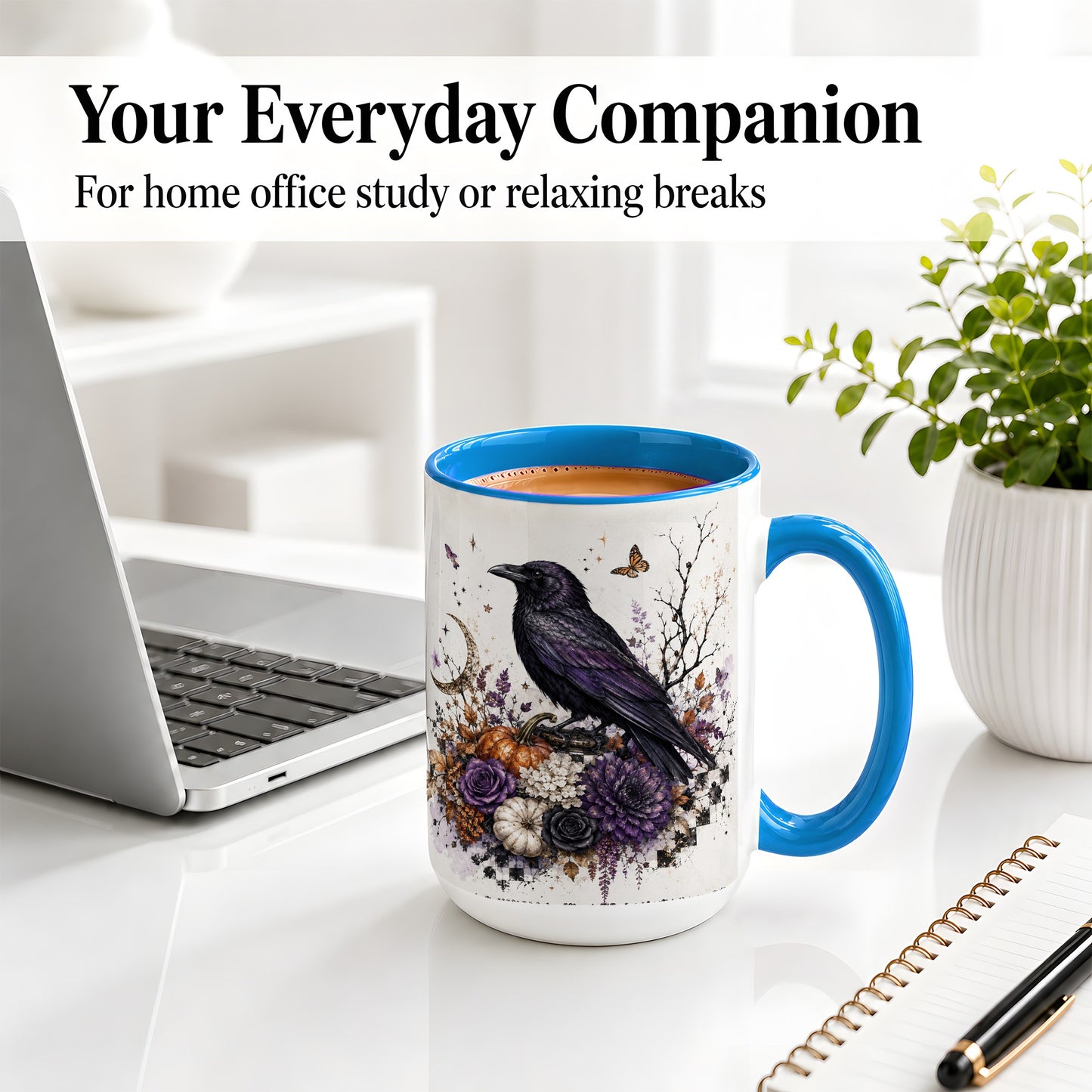 #pl[15oz|Blue] Raven Moon Ceramic Coffee Cup, Mug with Purple Pumpkin Artwork