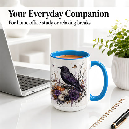 #pl[15oz|Blue] Raven Moon Ceramic Coffee Cup, Mug with Purple Pumpkin Artwork