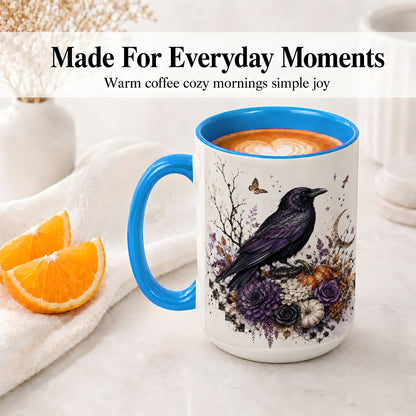 #pl[15oz|Blue] Raven Moon Ceramic Coffee Cup, Mug with Purple Pumpkin Artwork