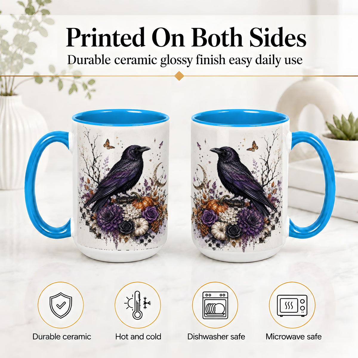 #pl[15oz|Blue] Raven Moon Ceramic Coffee Cup, Mug with Purple Pumpkin Artwork
