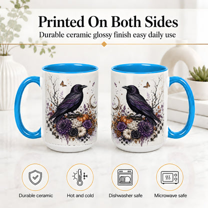 #pl[15oz|Blue] Raven Moon Ceramic Coffee Cup, Mug with Purple Pumpkin Artwork
