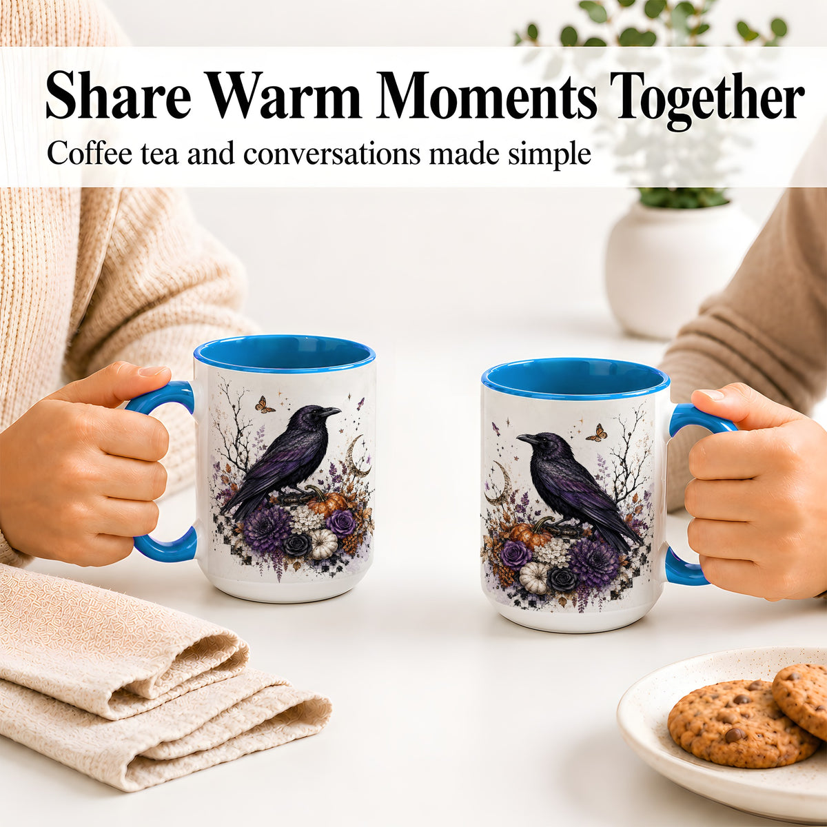 #pl[15oz|Blue] Raven Moon Ceramic Coffee Cup, Mug with Purple Pumpkin Artwork