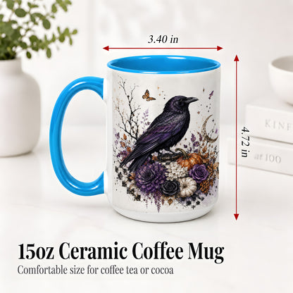 #pl[15oz|Blue] Raven Moon Ceramic Coffee Cup, Mug with Purple Pumpkin Artwork