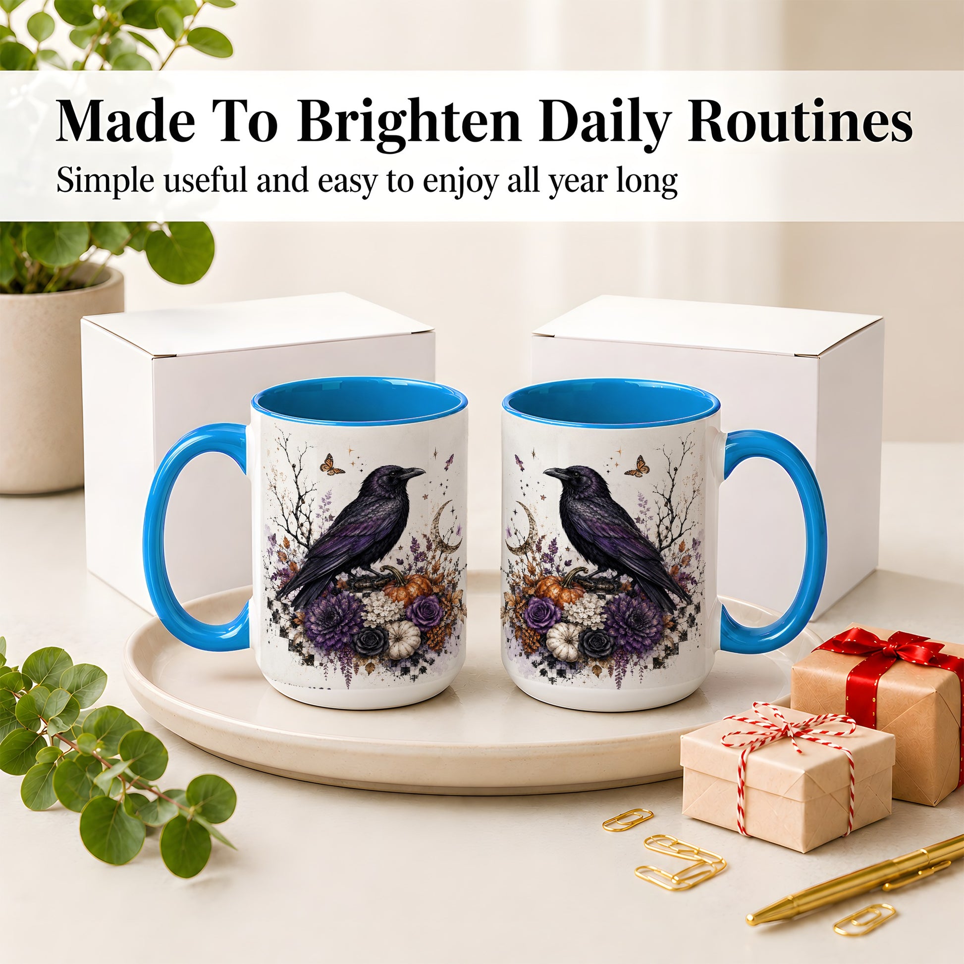 #pl[15oz|Blue] Raven Moon Ceramic Coffee Cup, Mug with Purple Pumpkin Artwork