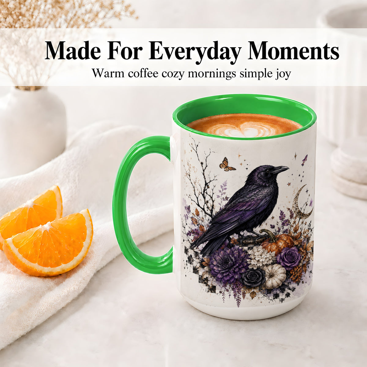 #pl[15oz|Green] Raven Moon Ceramic Coffee Cup, Mug with Purple Pumpkin Artwork