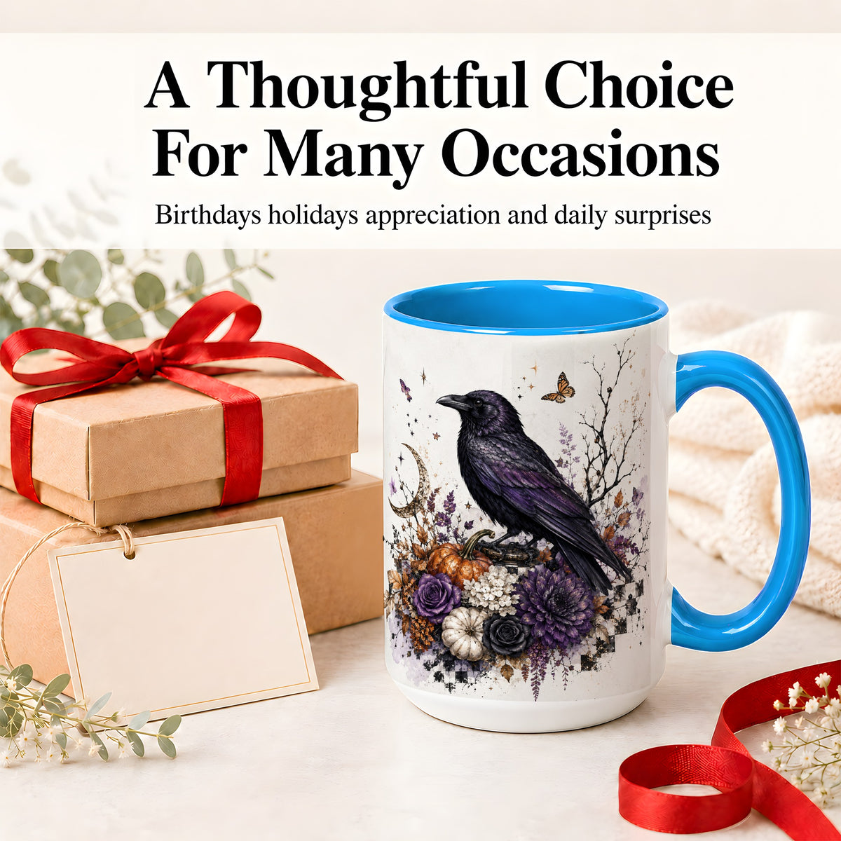 #pl[15oz|Blue] Raven Moon Ceramic Coffee Cup, Mug with Purple Pumpkin Artwork