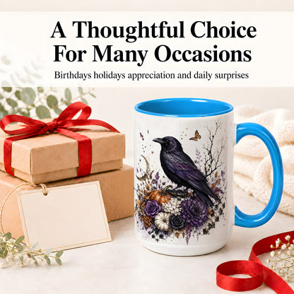 #pl[15oz|Blue] Raven Moon Ceramic Coffee Cup, Mug with Purple Pumpkin Artwork