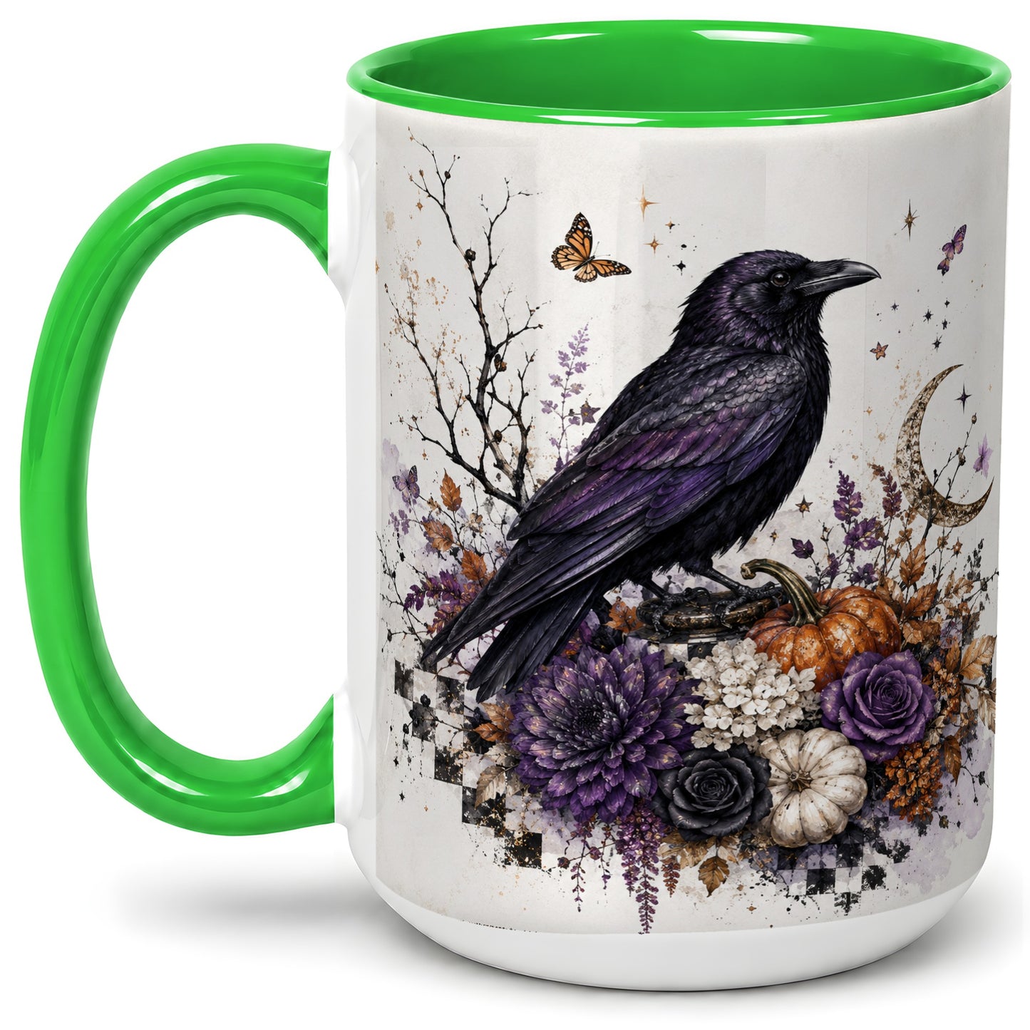 #pl[15oz|Green] Raven Moon Ceramic Coffee Cup, Mug with Purple Pumpkin Artwork