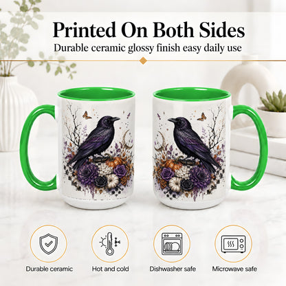 #pl[15oz|Green] Raven Moon Ceramic Coffee Cup, Mug with Purple Pumpkin Artwork