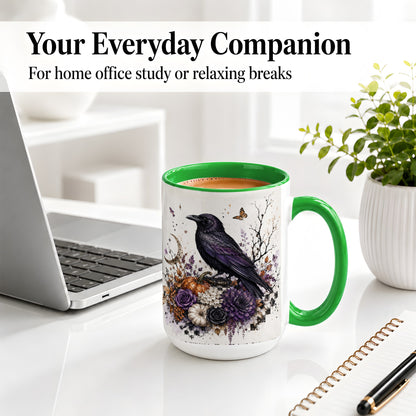 #pl[15oz|Green] Raven Moon Ceramic Coffee Cup, Mug with Purple Pumpkin Artwork