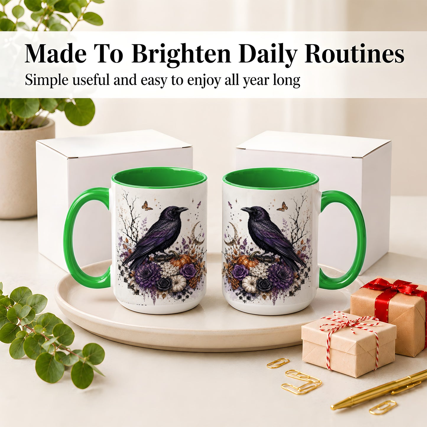 #pl[15oz|Green] Raven Moon Ceramic Coffee Cup, Mug with Purple Pumpkin Artwork
