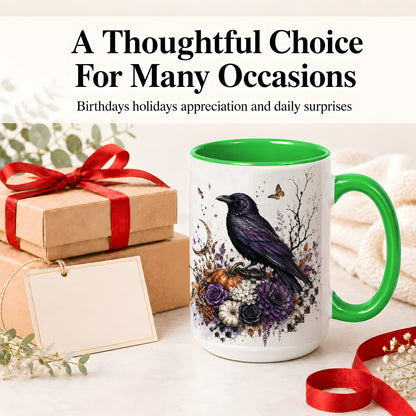 #pl[15oz|Green] Raven Moon Ceramic Coffee Cup, Mug with Purple Pumpkin Artwork