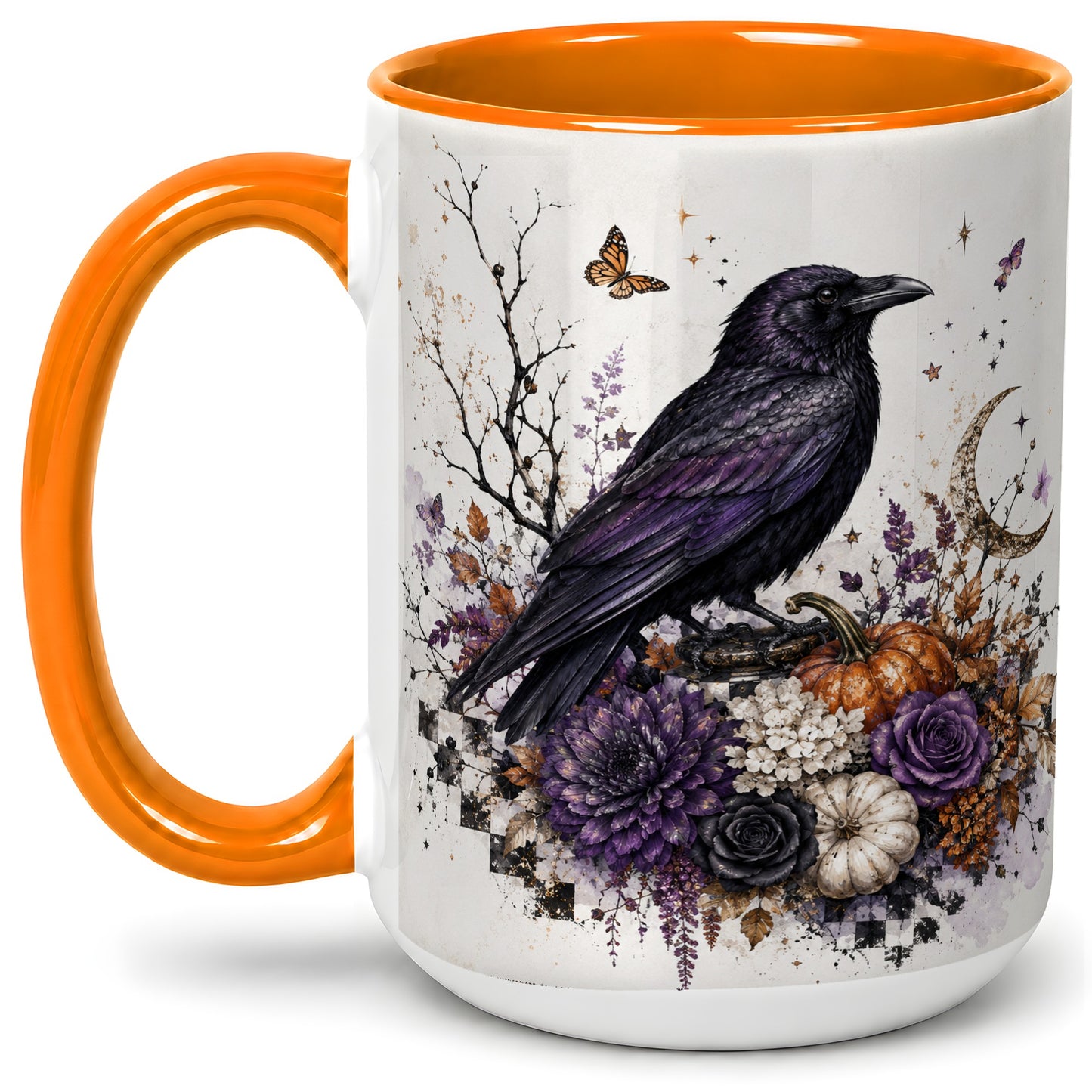 #pl[15oz|Orange] Raven Moon Ceramic Coffee Cup, Mug with Purple Pumpkin Artwork