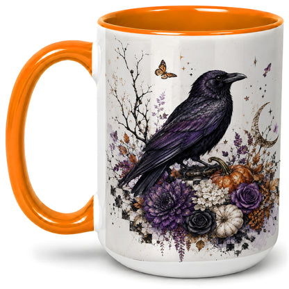 #pl[15oz|Orange] Raven Moon Ceramic Coffee Cup, Mug with Purple Pumpkin Artwork