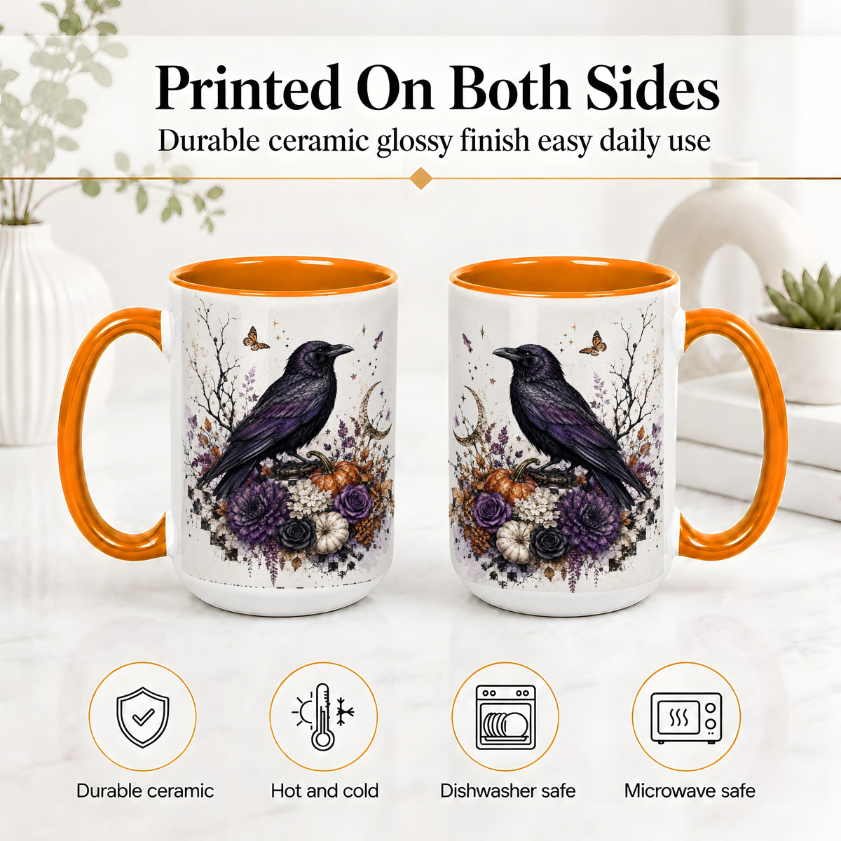 #pl[15oz|Orange] Raven Moon Ceramic Coffee Cup, Mug with Purple Pumpkin Artwork