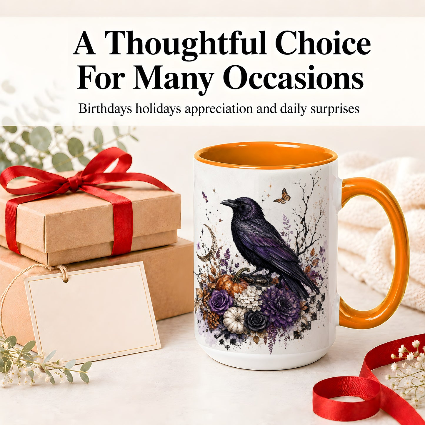 #pl[15oz|Orange] Raven Moon Ceramic Coffee Cup, Mug with Purple Pumpkin Artwork