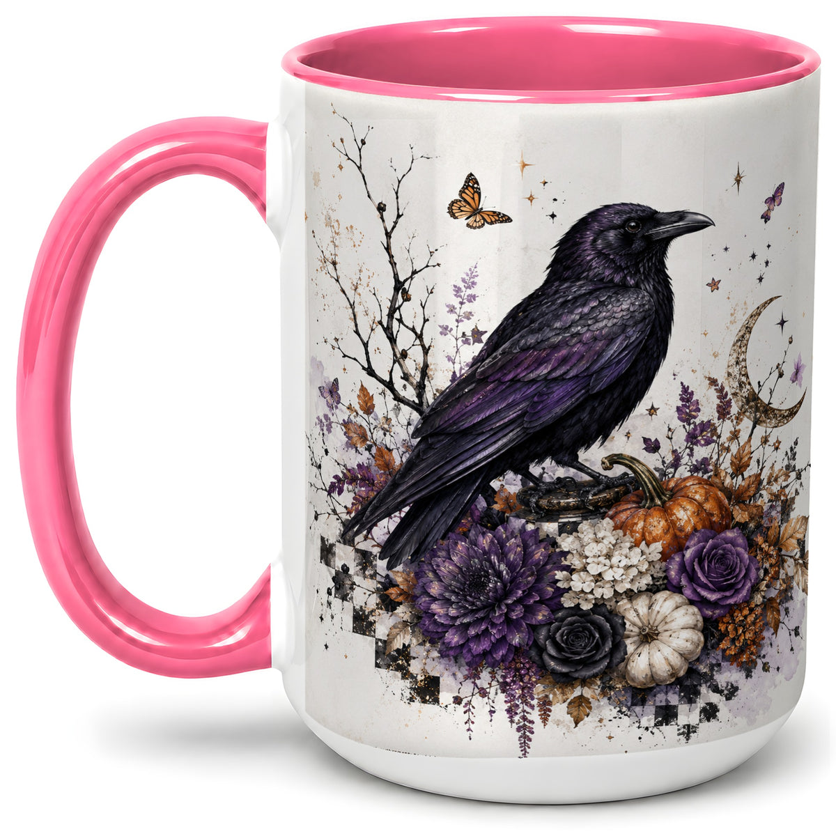 #pl[15oz|Pink] Raven Moon Ceramic Coffee Cup, Mug with Purple Pumpkin Artwork