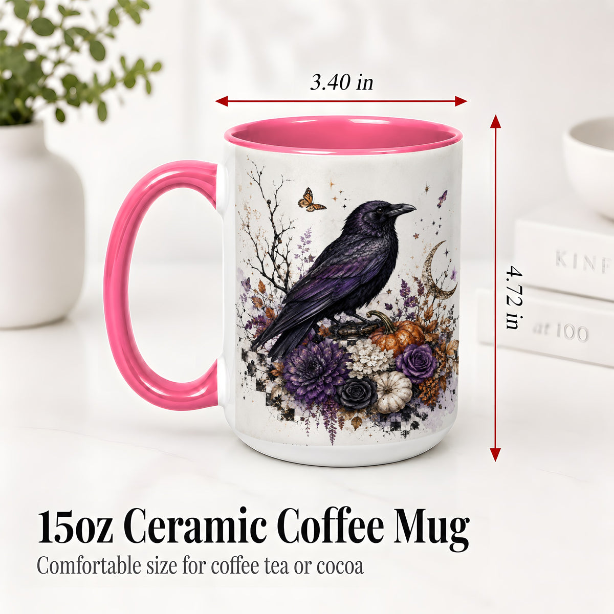 #pl[15oz|Pink] Raven Moon Ceramic Coffee Cup, Mug with Purple Pumpkin Artwork